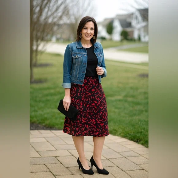 George Red & Black Rose Print A-Line Skirt – XL (16–18) - Picture 1 of 9